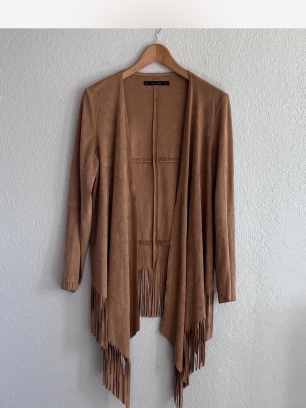 Zara Tan Faux Suede Fringe Jacket Boho Waterfall Cardigan Coat Medium - Picture 2 of 8
